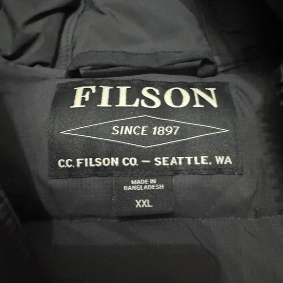 Filson Featherweight Down Jacket Mens 2XL Black Gray Puffer Full Zip Hooded *